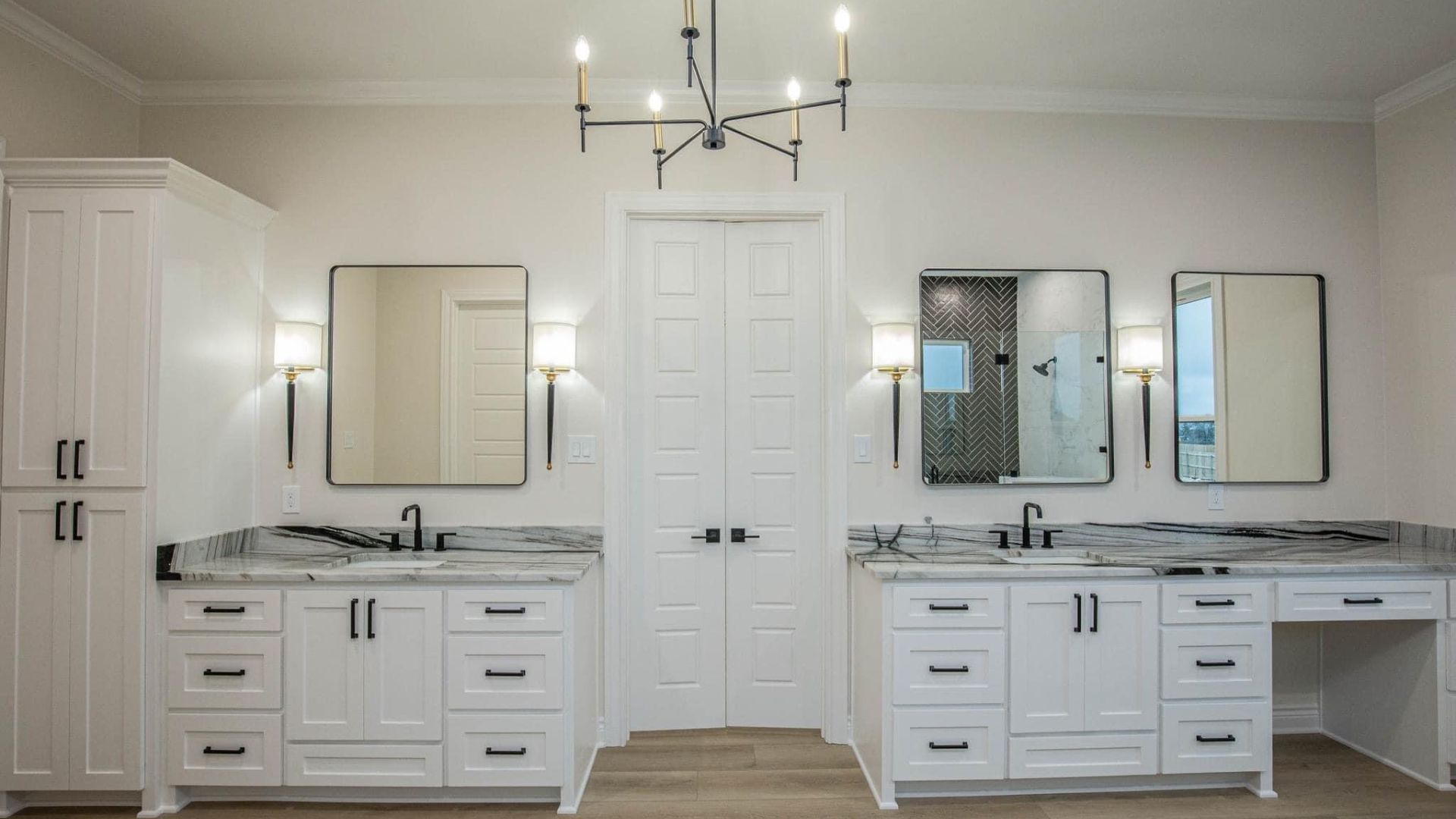 Bathroom with mirrors and white cabinets Bright white bathroom with minimalist fixtures, clean lines, and spa‑like serene ambiance.
