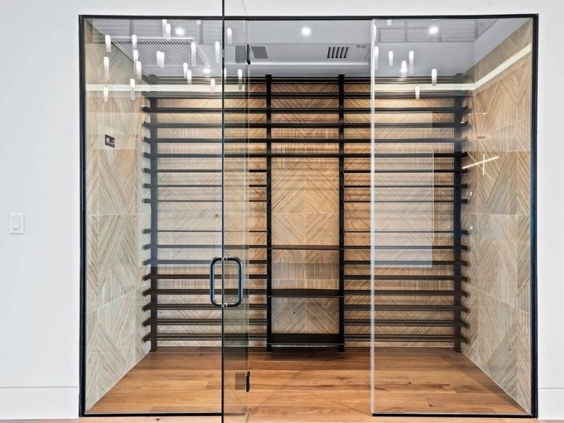 Winery space winery storage with a white island kitchen